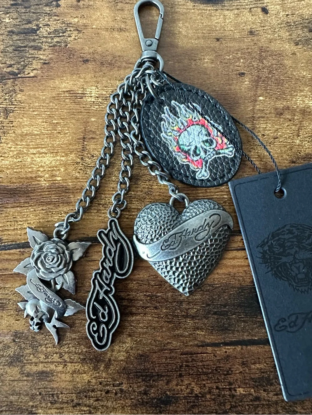 Ed Hardy Bag Charm Keychain with Flaming Skull Tag Metal Heart Logo Flower NWT